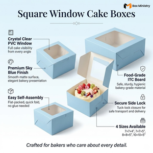 Product infographic for Square Window Cake Boxes featuring four sky blue cake boxes in a scattered layout on a light blue gradient background — one box open showing a decorated white cream cake with strawberries, macarons and edible flowers inside, three boxes closed with clear PVC windows visible. Six feature callouts with icons: Crystal Clear PVC Window, Premium Sky Blue Finish, Easy Self-Assembly on the left, Food-Grade ITC Board, Secure Side Lock, and 4 Sizes Available (7×7×4", 7×7×5", 8×8×5", 10×10×5")