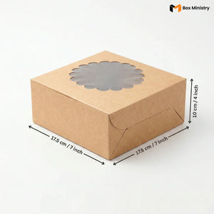 Kraft paper box with window on a white background, featuring dimensions.
