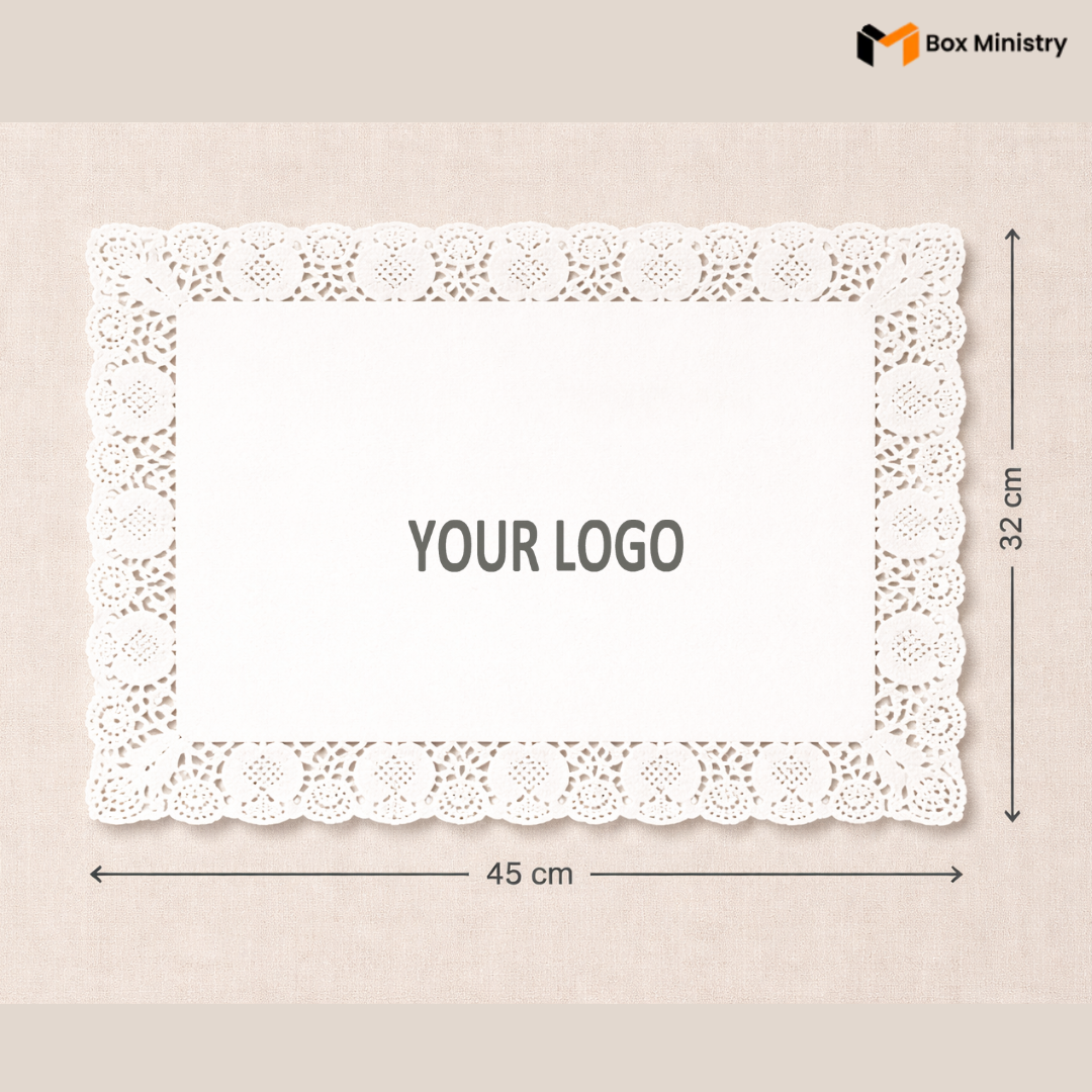 White lace doily with dimensions and 'Box Ministry' branding on a beige background