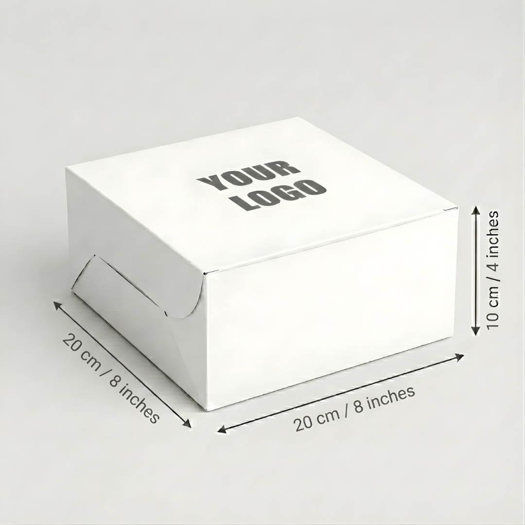 White box with 'Your Logo' text, dimensions indicated on a light gray background