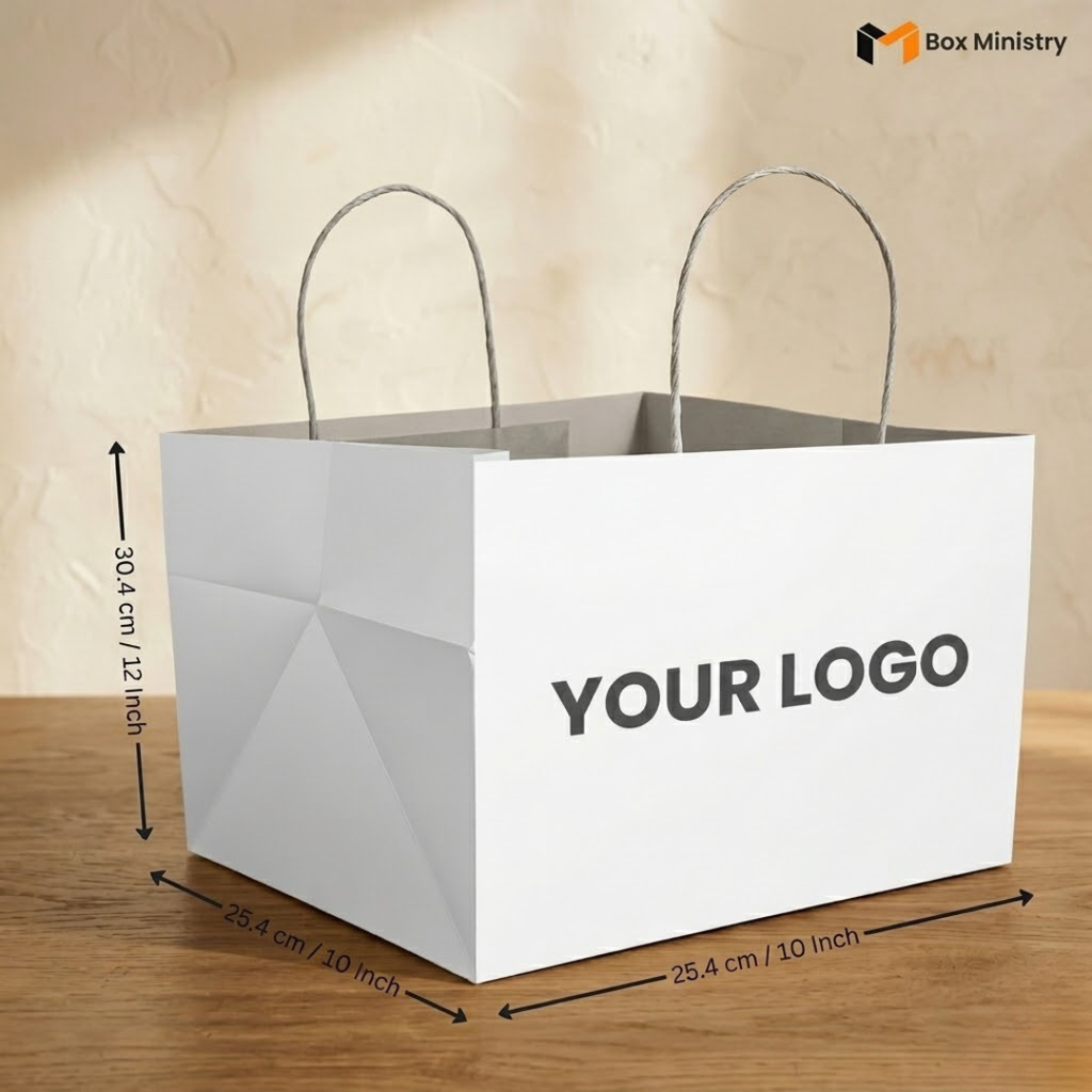 White paper bag with dimensions and 'Your Logo' placeholder on a wooden surface.