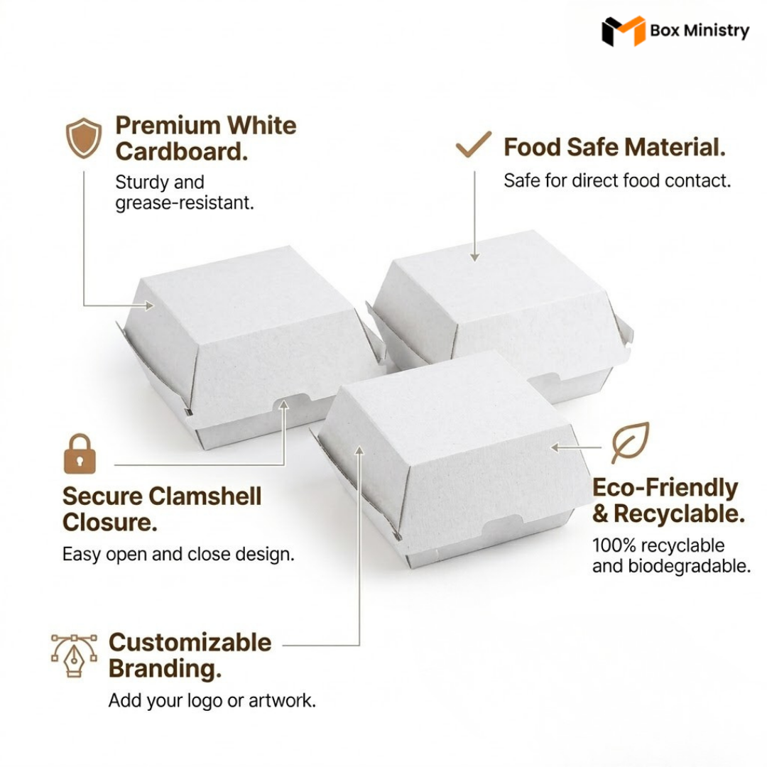 Hexagonal food containers with features listed on a white background