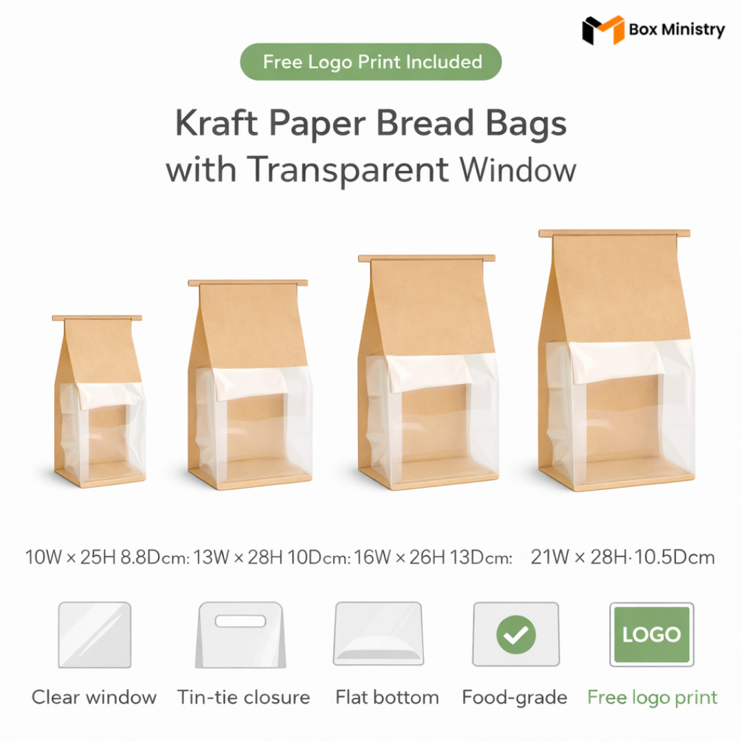 Kraft paper bread bags with transparent windows on a white background, featuring Box Ministry branding.