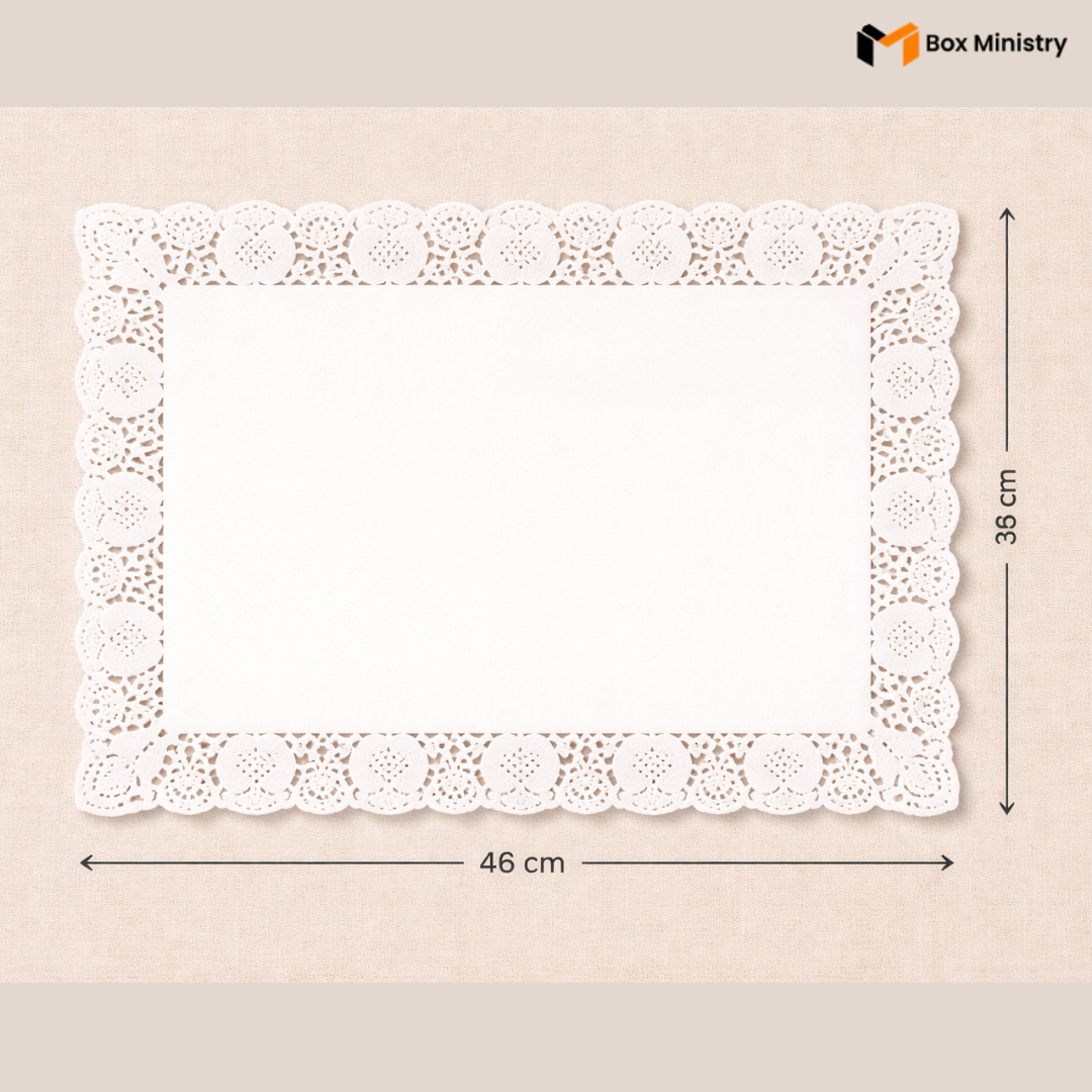White lace doily with dimensions on a beige background