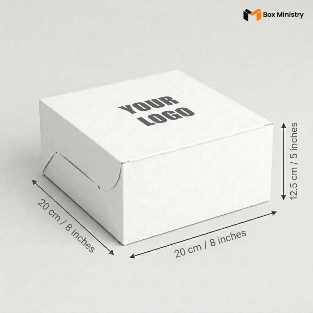 White box with 'Your Logo' text, dimensions labeled, and Box Ministry branding.