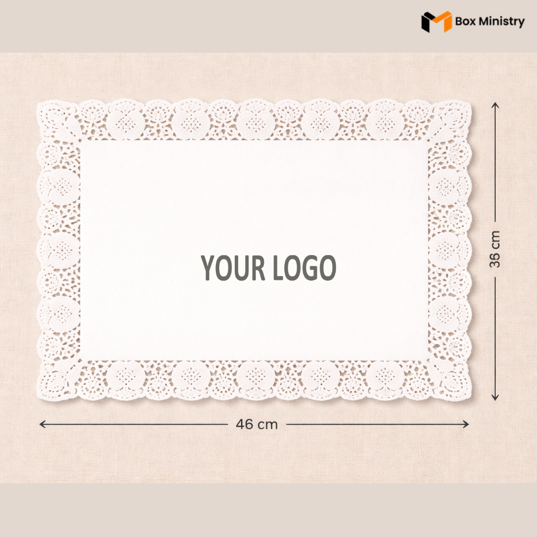 White lace doily with dimensions and 'Your Logo' placeholder on a beige background