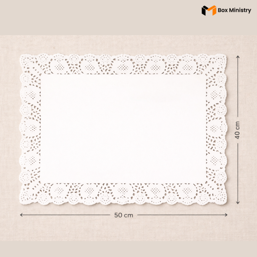 White lace doily with dimensions on a beige background