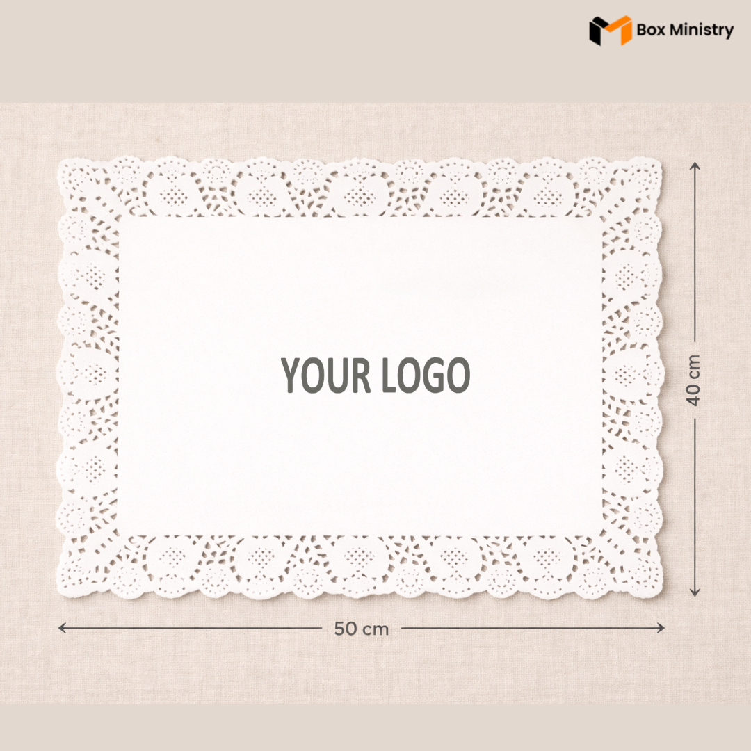 White lace doily with dimensions and 'Your Logo' placeholder on a beige background