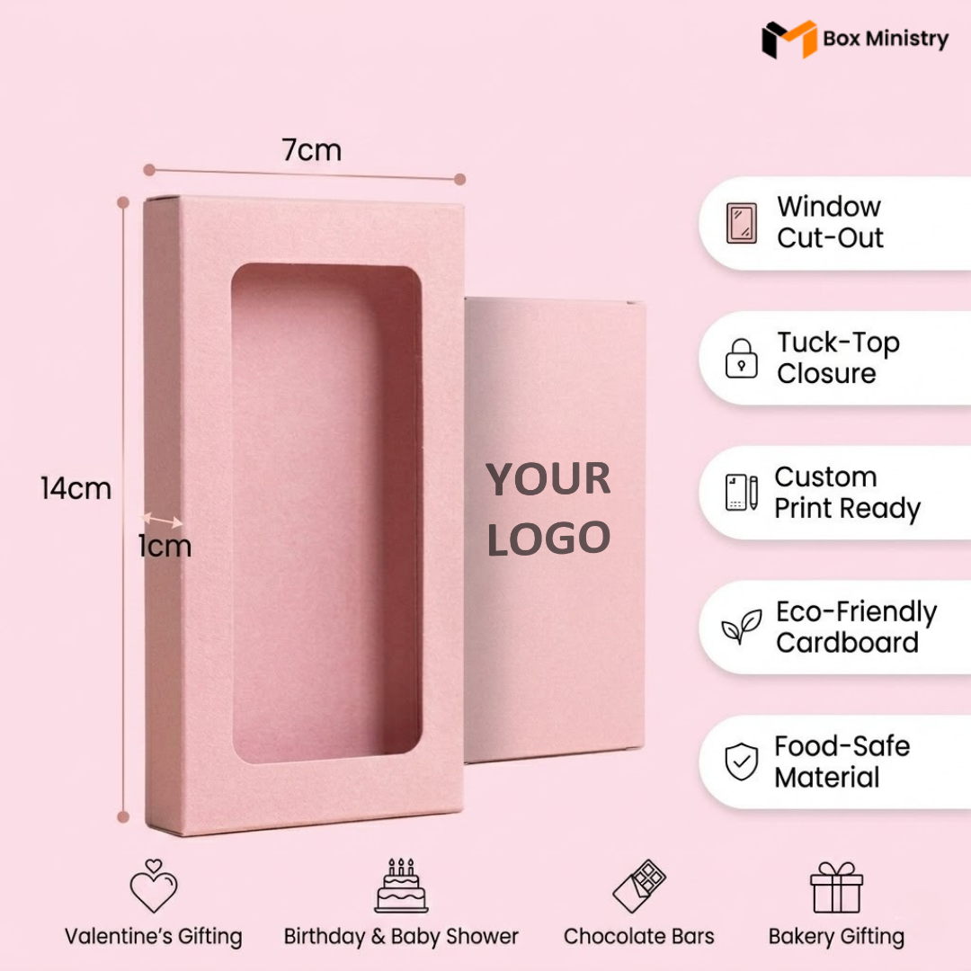 Pink chocolate box with a clear window on a beige background, featuring 'Box Ministry' logo.
