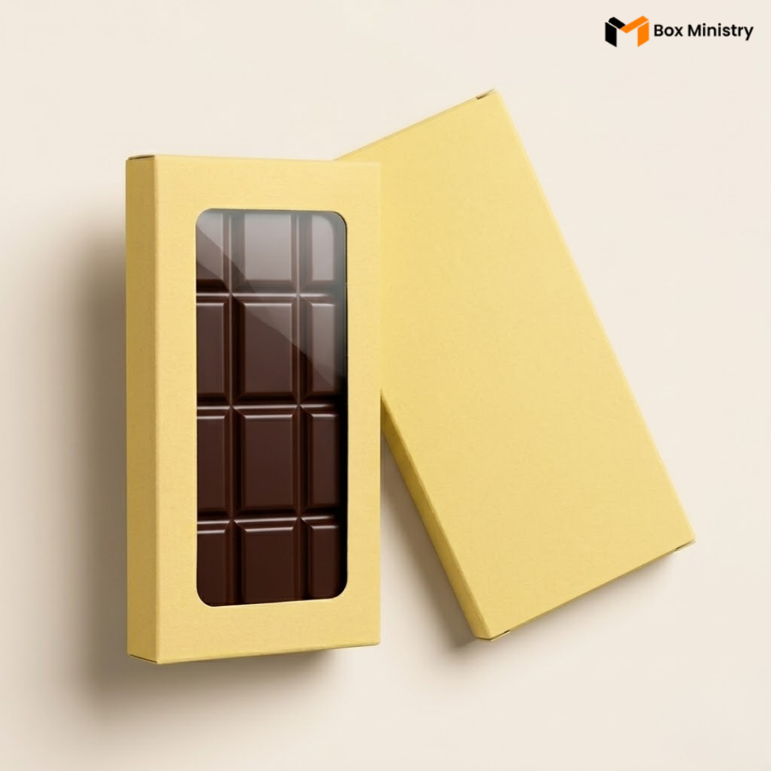 Yellow chocolate box with a clear window displaying a chocolate bar on a beige background.