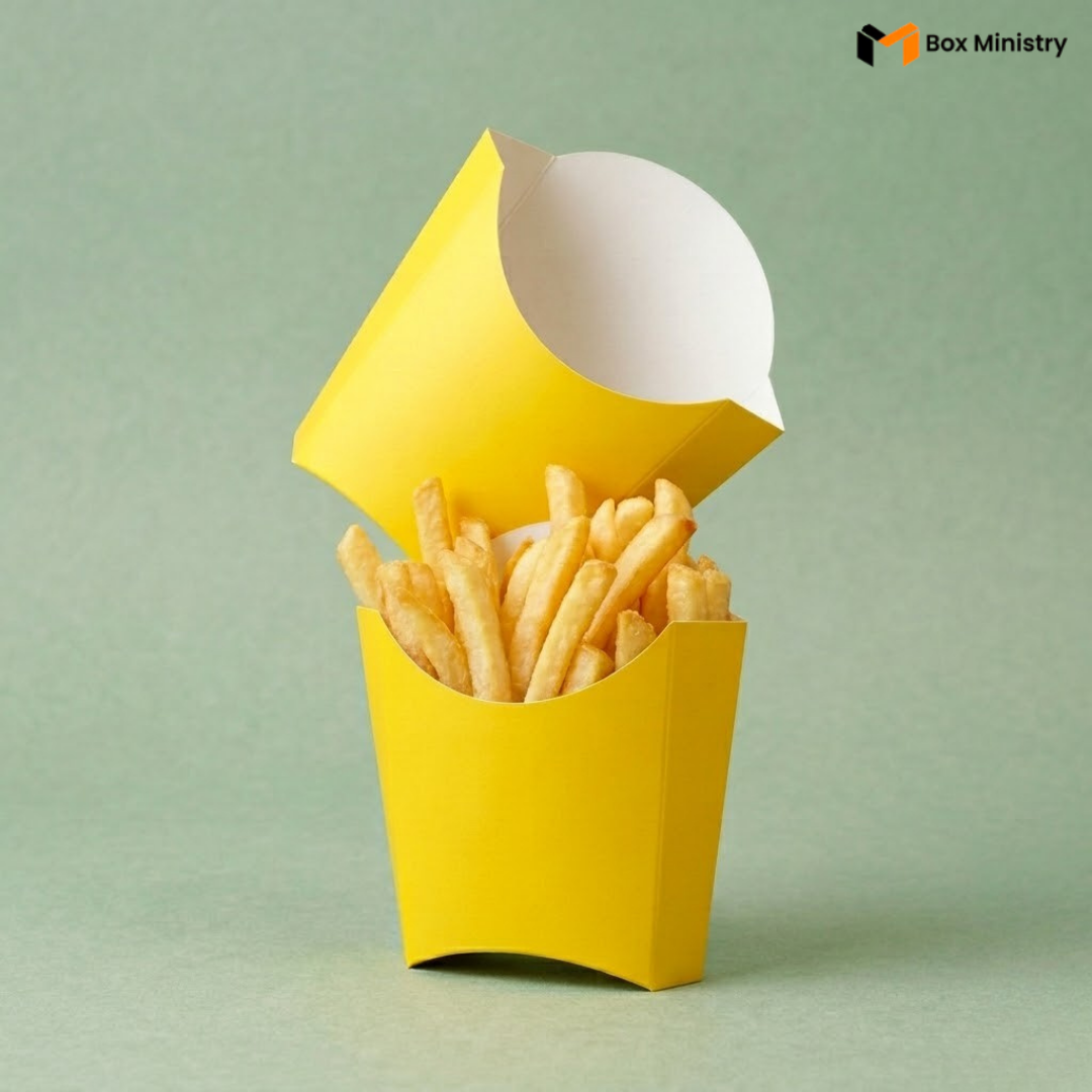 Yellow paper container with French fries on a light green background, featuring the Box Ministry logo.