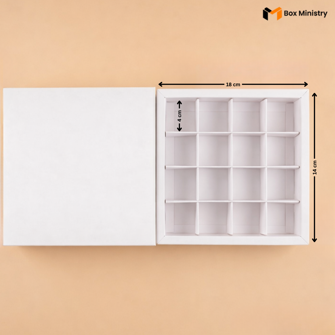 White storage box with compartments and dimensions on a beige background