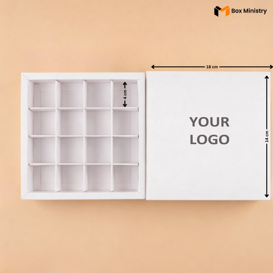 White storage box with compartments on a beige background, featuring dimensions and a placeholder for a logo.