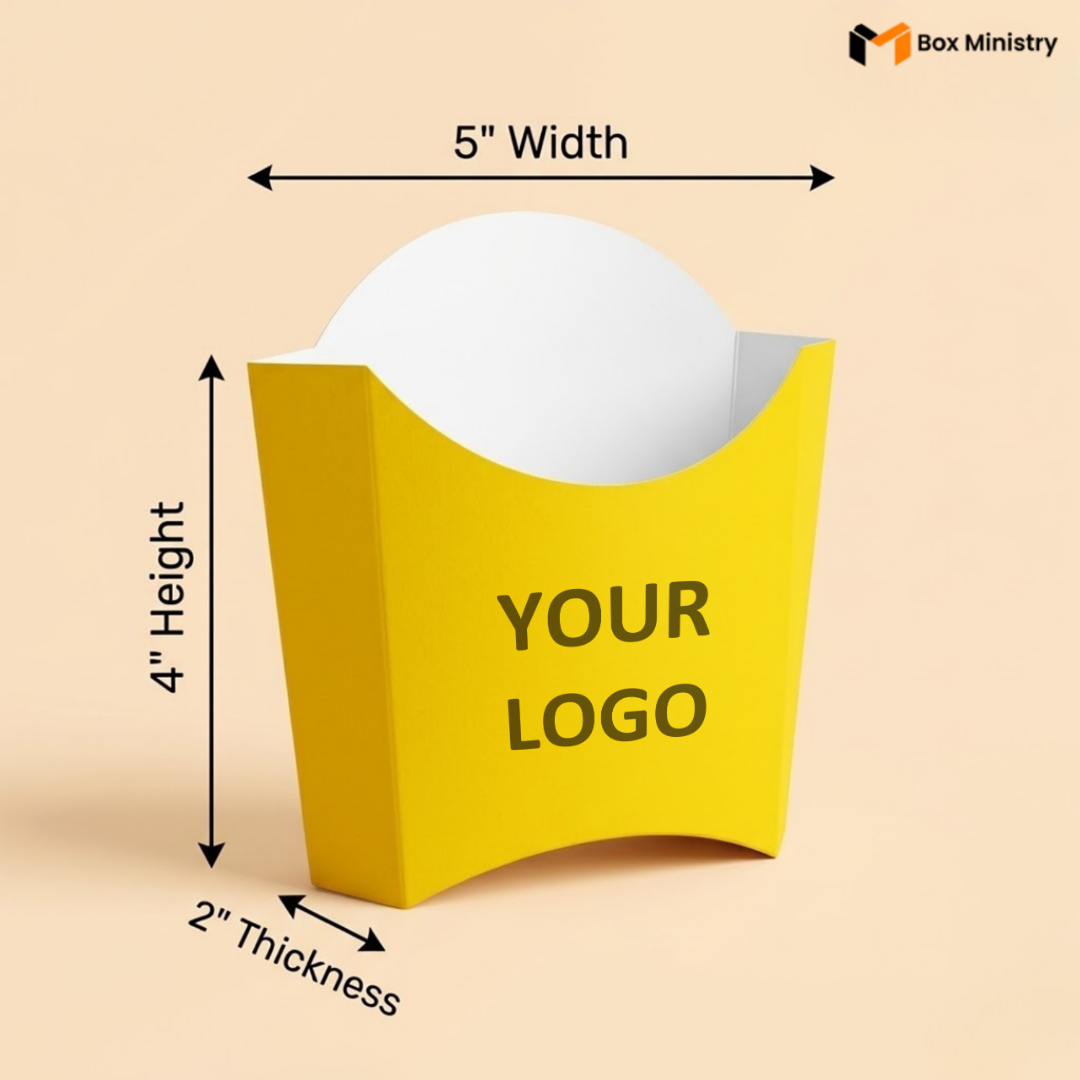 Yellow box with dimensions and 'Your Logo' text on a beige background