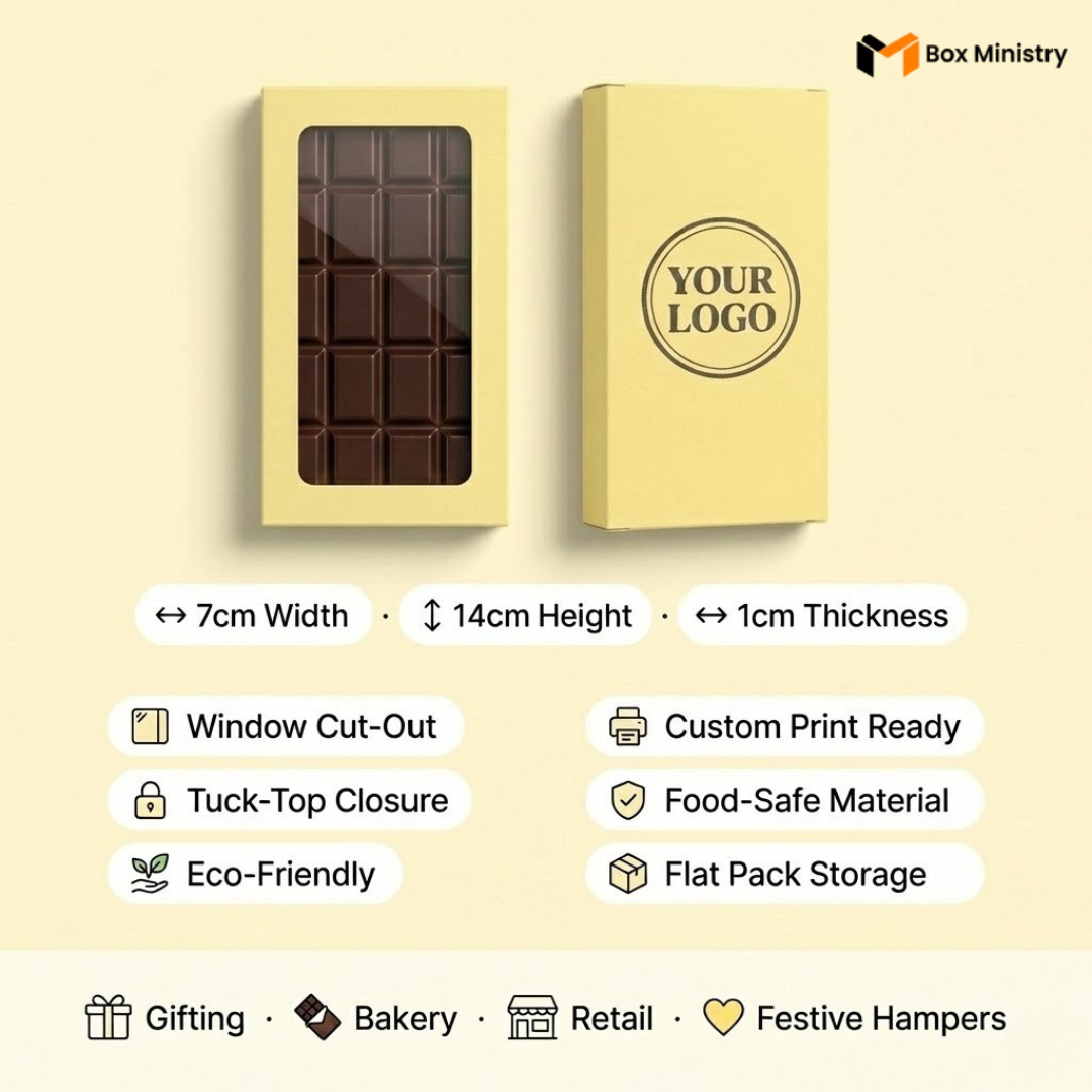 Chocolate bar in a gold box with customizable branding options on a beige background.