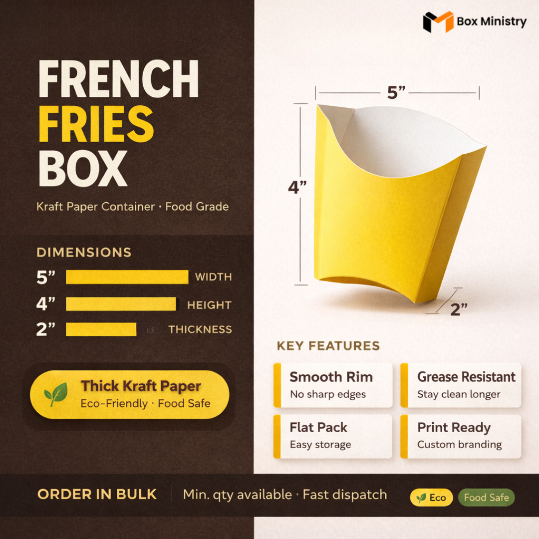 Kraft paper container for French fries with dimensions and features on a brown background