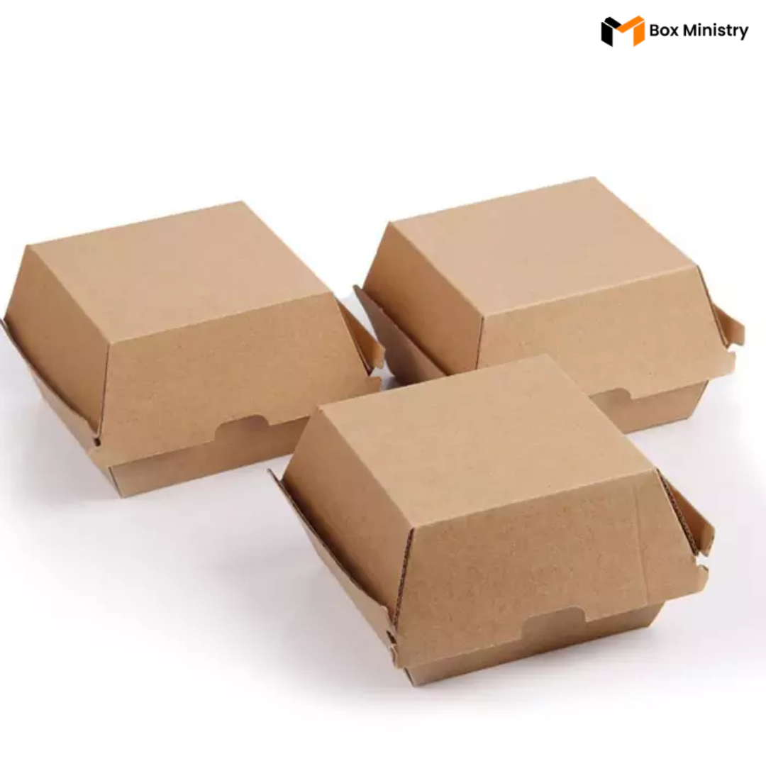 Three brown cardboard burger boxes on a white background with 'Box Ministry' branding.