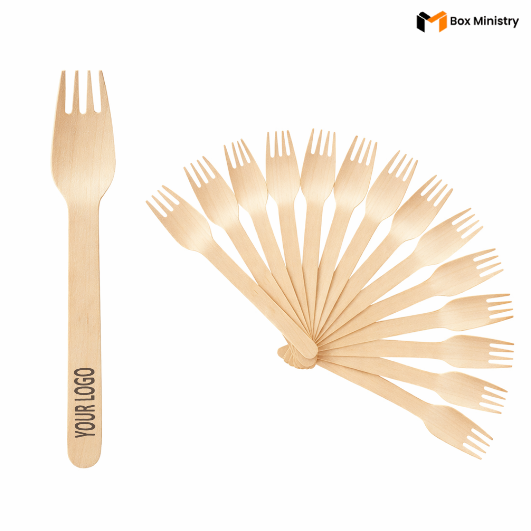 Wooden fork with 'Your Logo' text and a set of wooden forks fanned out on a white background, featuring the Box Ministry logo.