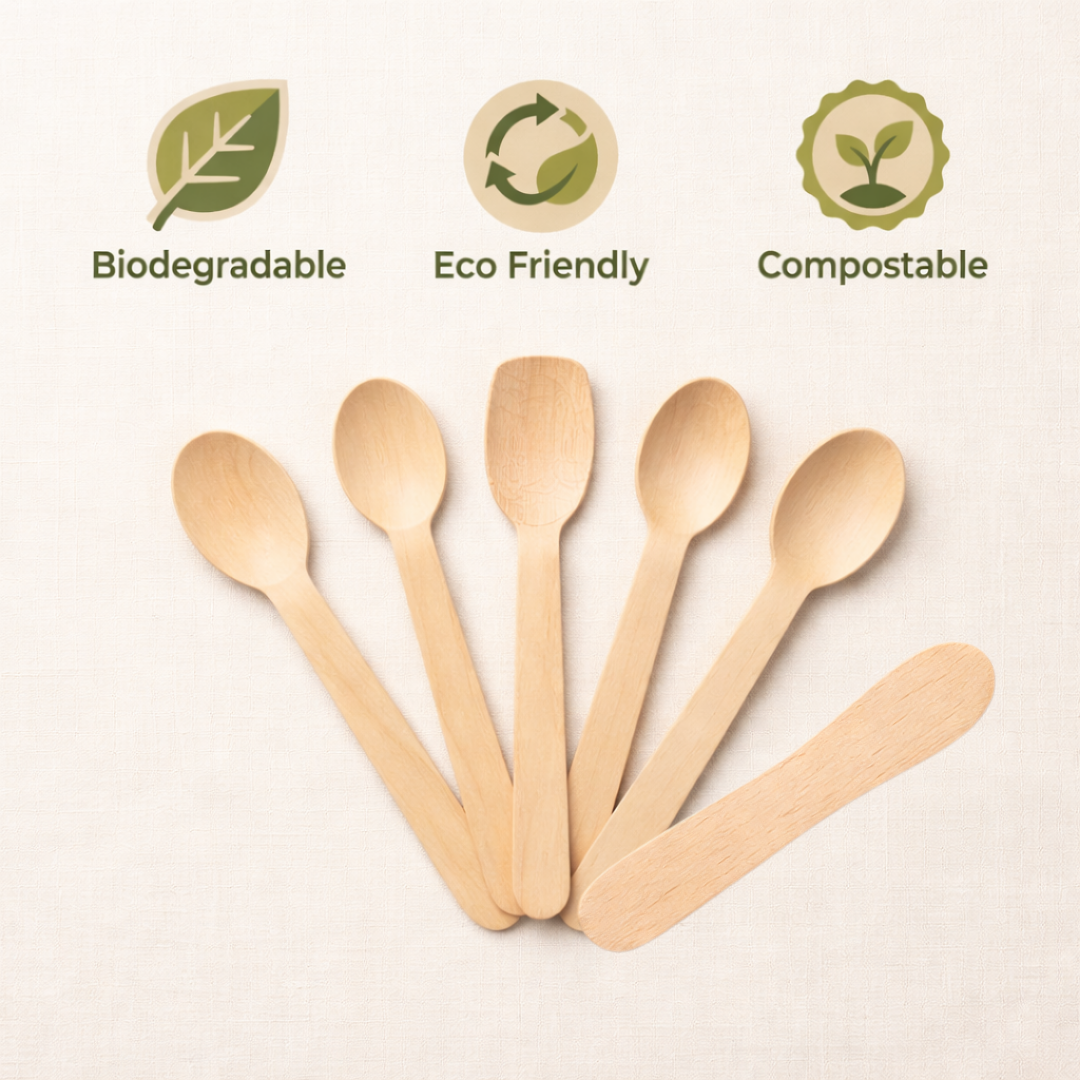 Set of wooden spoons with eco-friendly labels on a light background