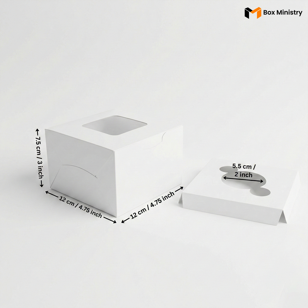 White 1-cavity single cupcake box with gable handle and window lid, product mockup view