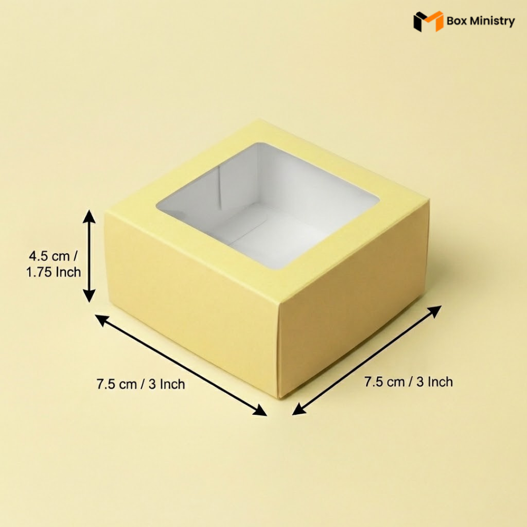 Yellow box with a window on a light Yellow background, showing dimensions.