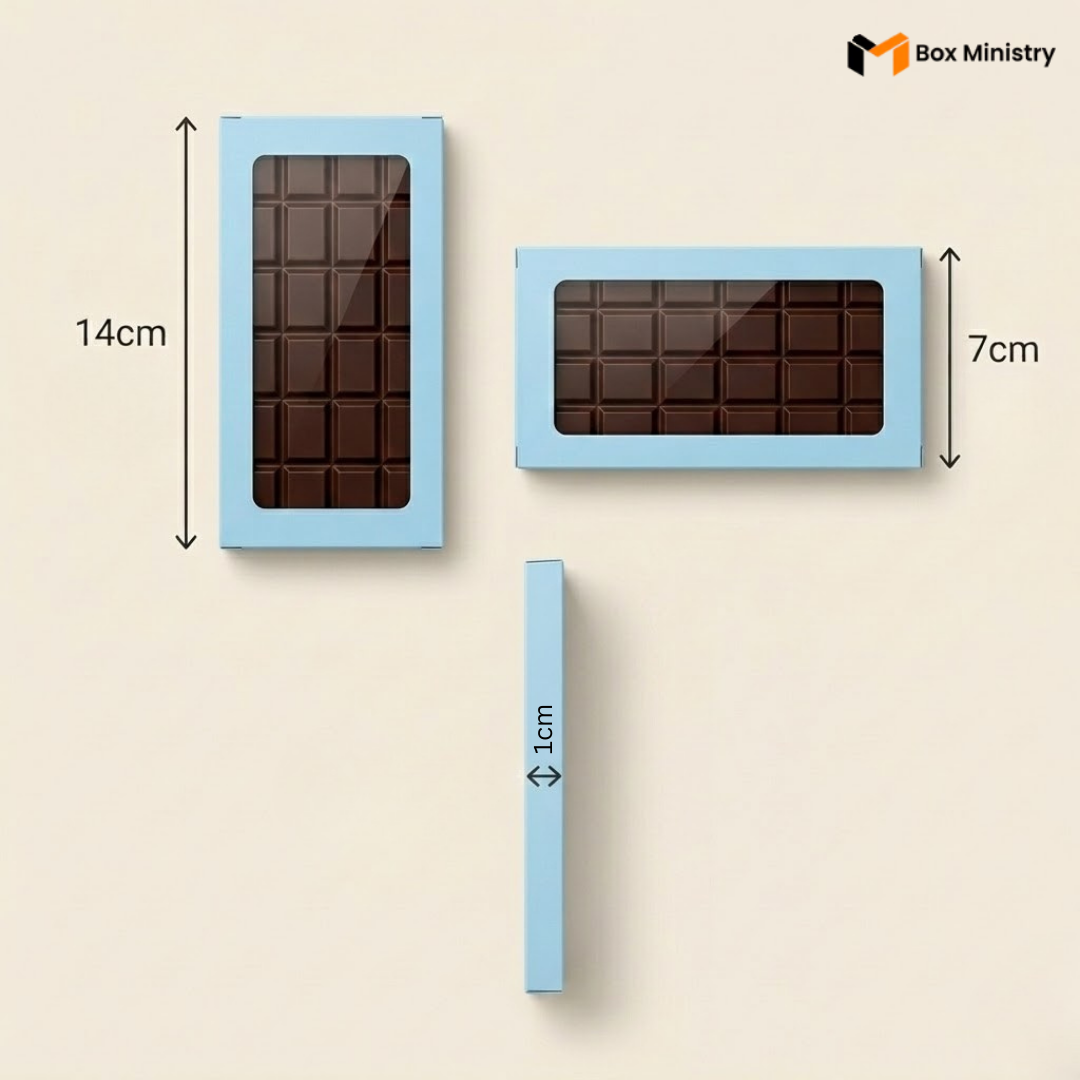 Two chocolate bars in blue packaging with dimensions indicated, featuring the Box Ministry logo.