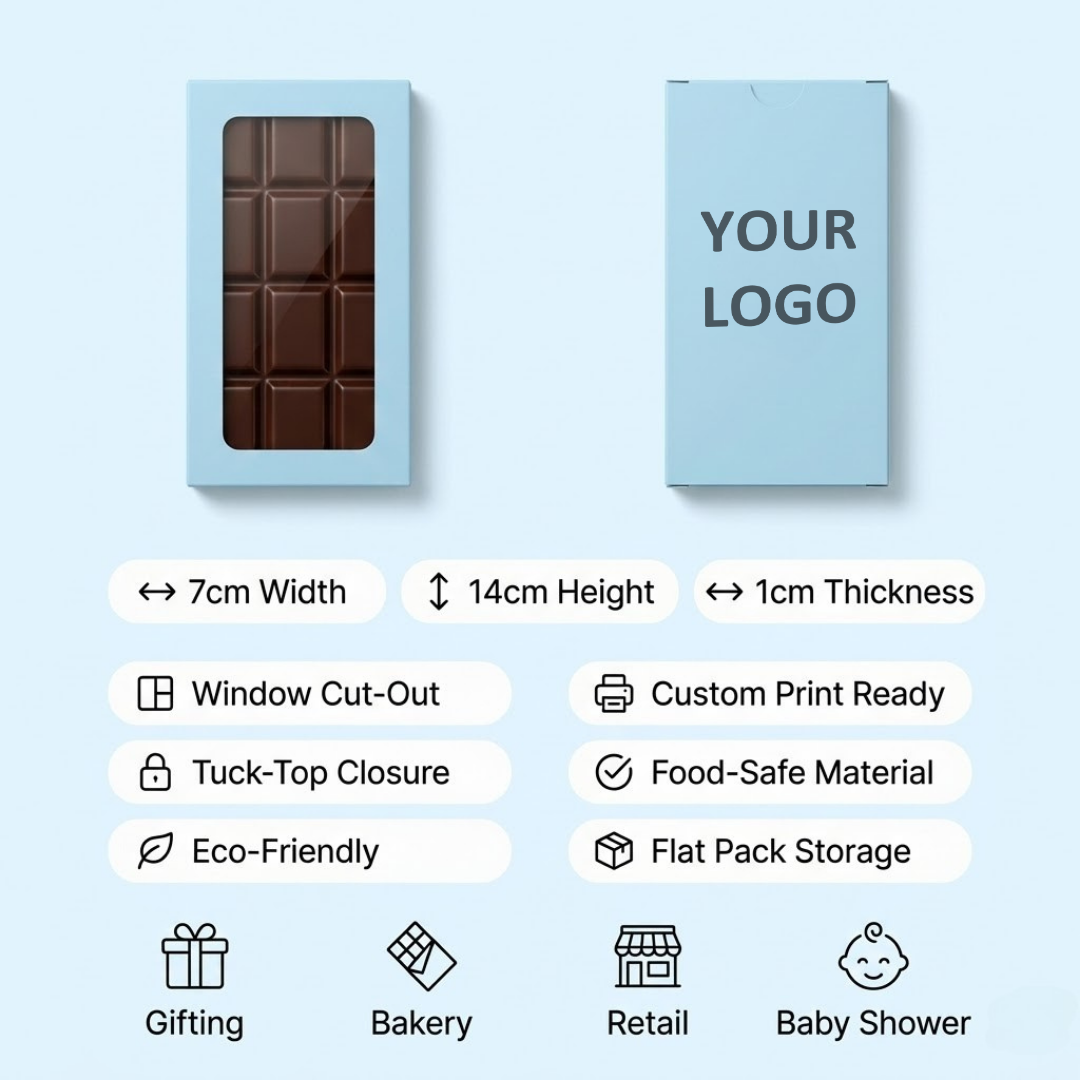 Chocolate bar packaging with customizable features on a light blue background