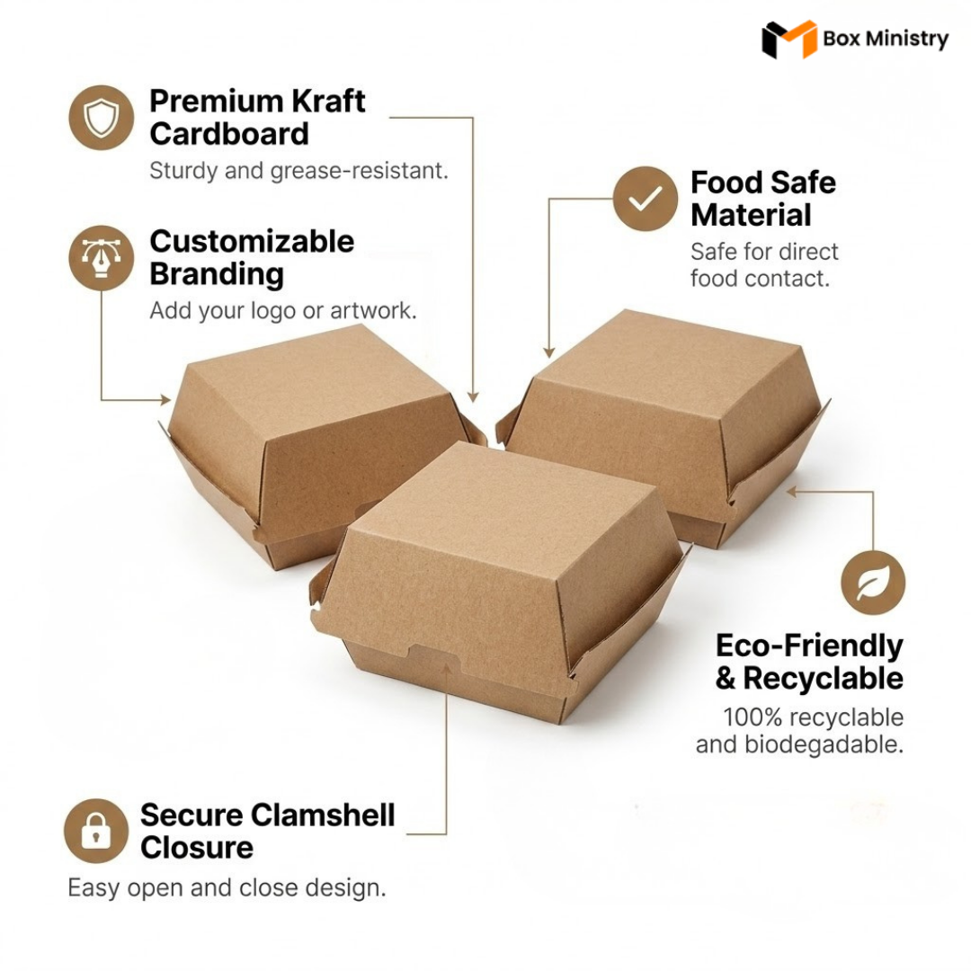 Cardboard food containers with features highlighted on a white background