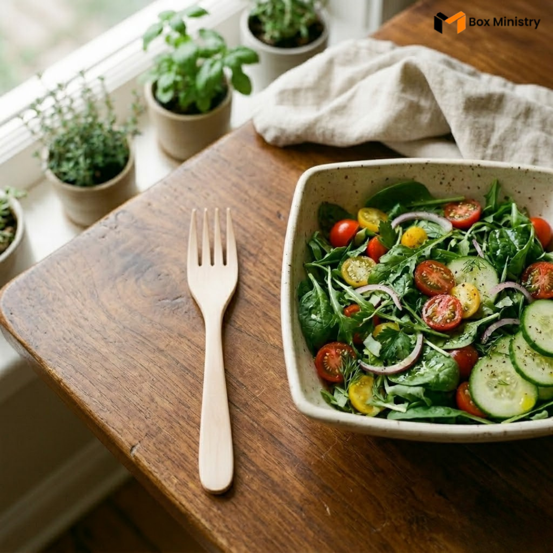 Salad in a bowl on a wooden table with a fork, surrounded by potted plants.