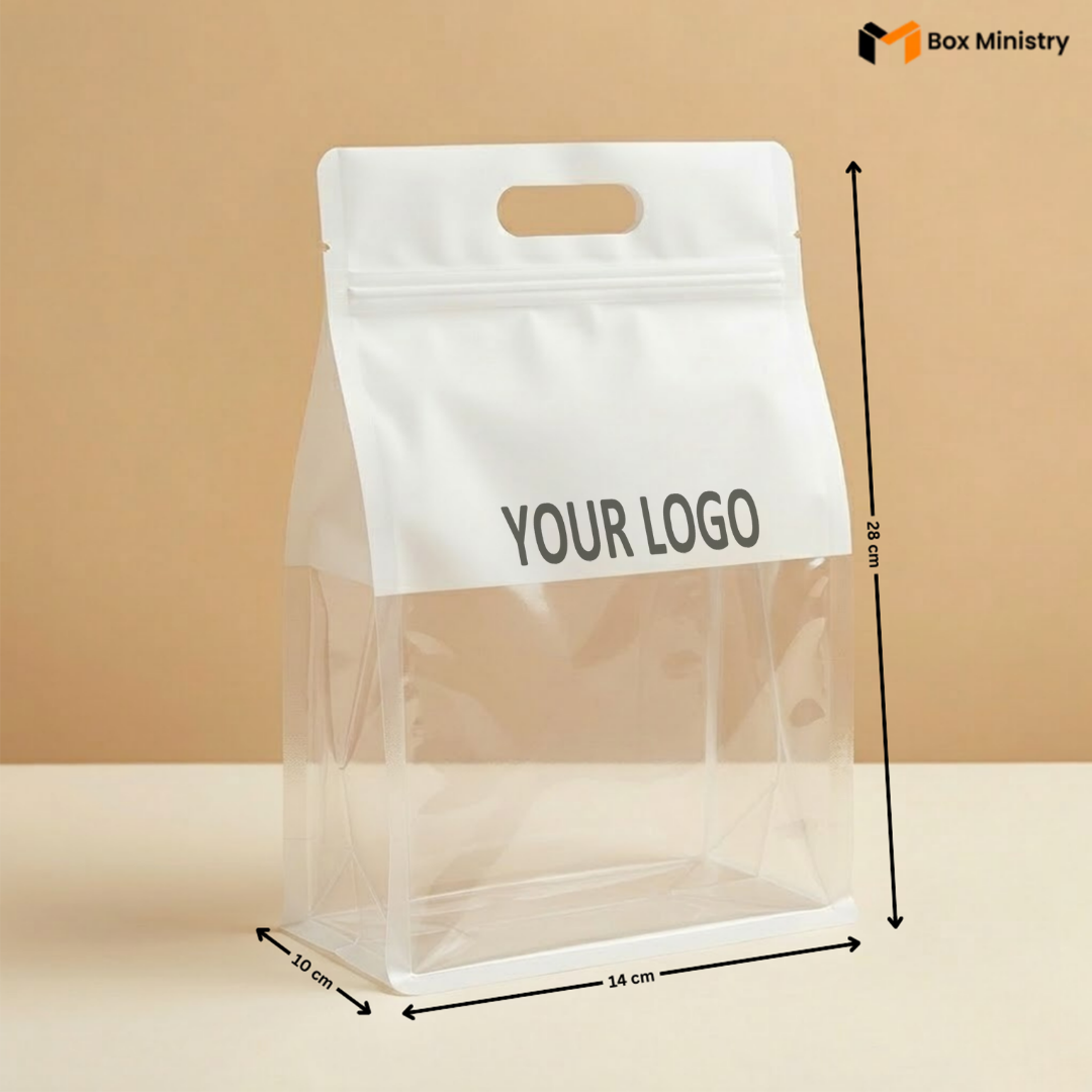 Clear stand-up pouch with white zipper and 'YOUR LOGO' text, dimensions indicated, on a beige background.