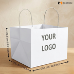 White paper bag with handles on a wooden surface, featuring dimensions and 'Your Logo' text.