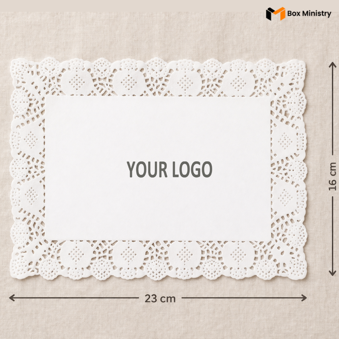 White doily with dimensions and a placeholder for 'Your Logo' on a beige background.