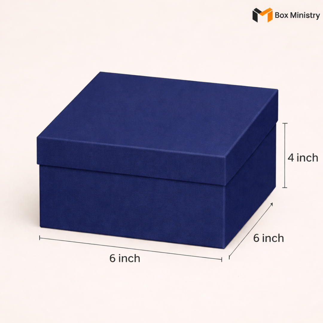 Blue box with dimensions indicated on a white background