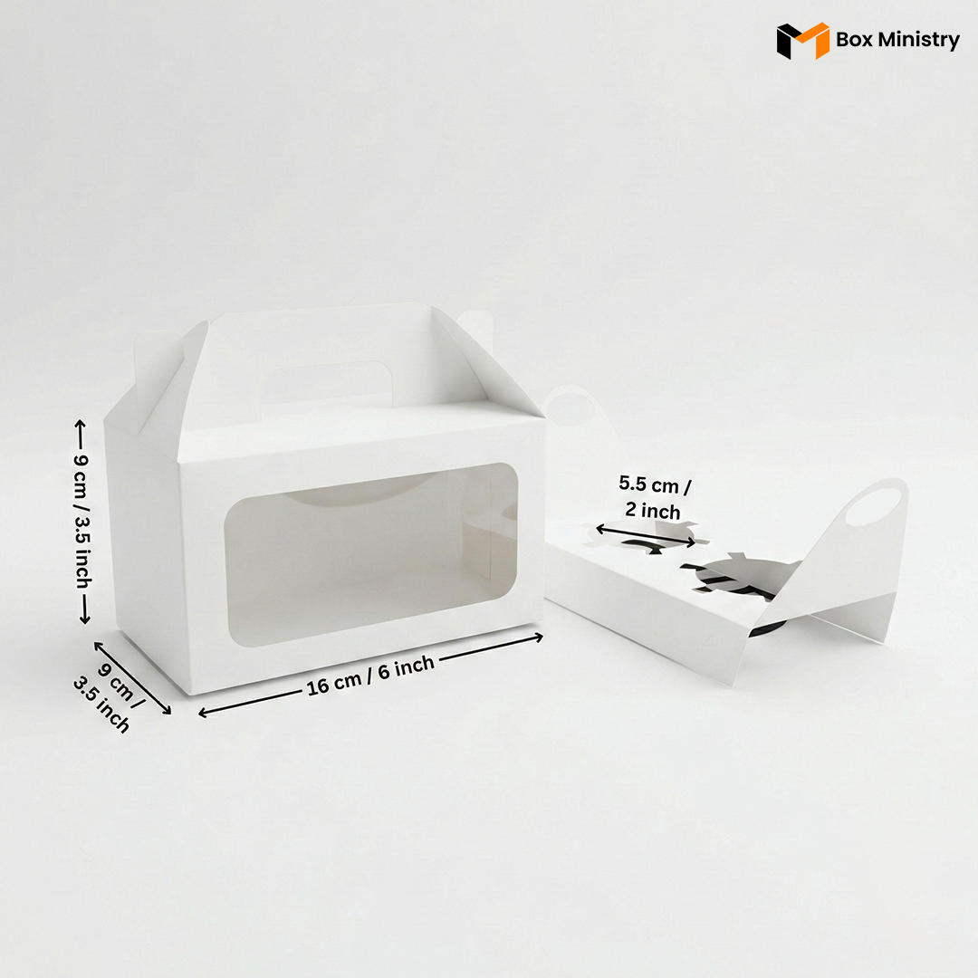 White 2-cavity cupcake box with handle, closed, side and front angle view