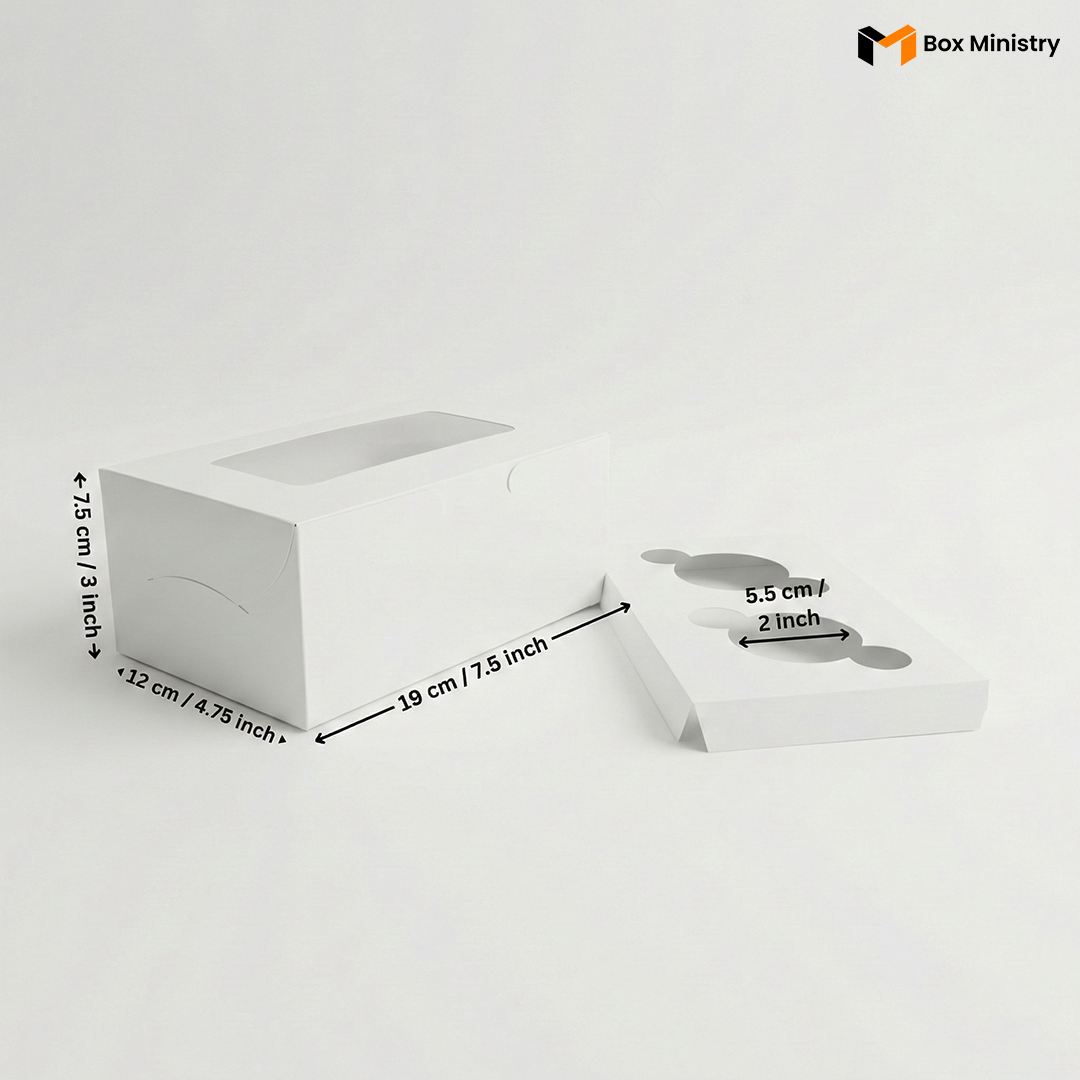 White 2-cavity cupcake box with handle, closed, side and front angle view