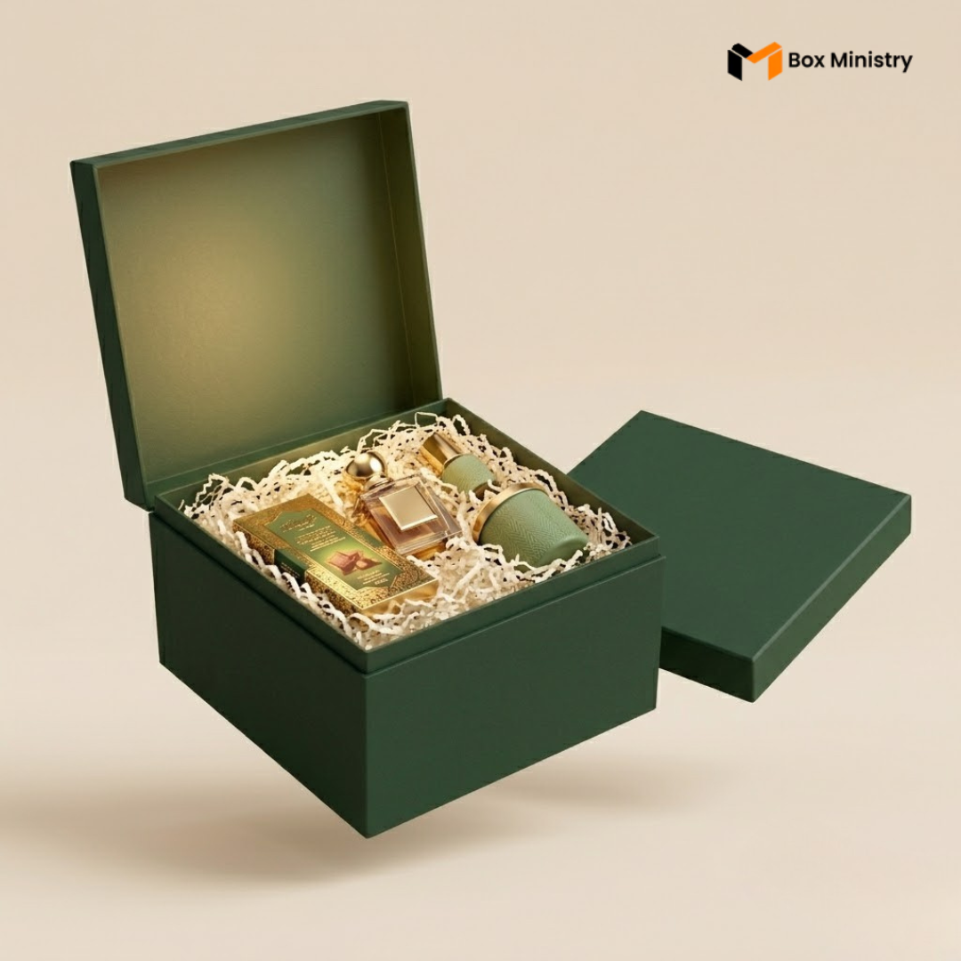 Green gift box with a perfume bottle and two green items on a beige background, featuring 'Box Ministry' logo.