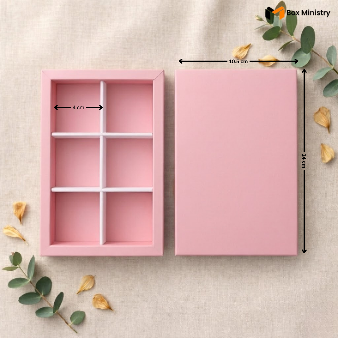 Pink jewelry box with dimensions on a beige background