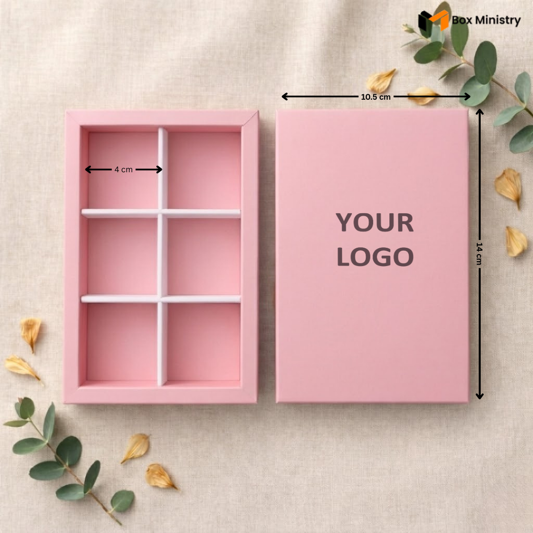 Pink jewelry box with dimensions and 'Your Logo' text on a beige background