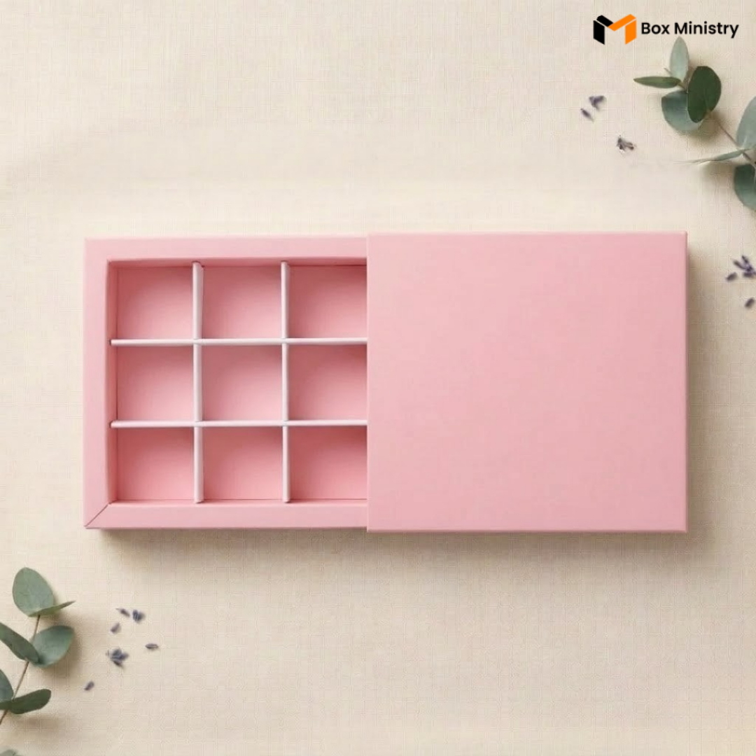 Pink jewelry box with compartments on a light beige background with green leaves.