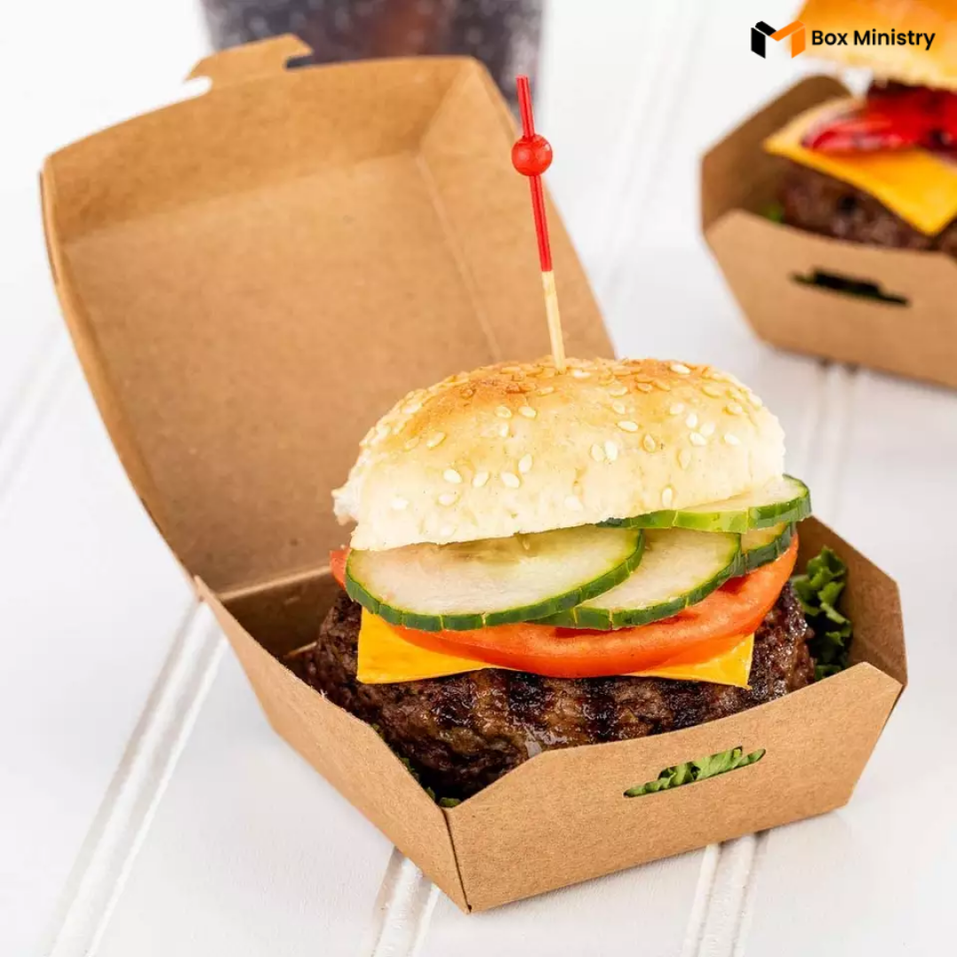 Hamburger in a cardboard box with visible branding