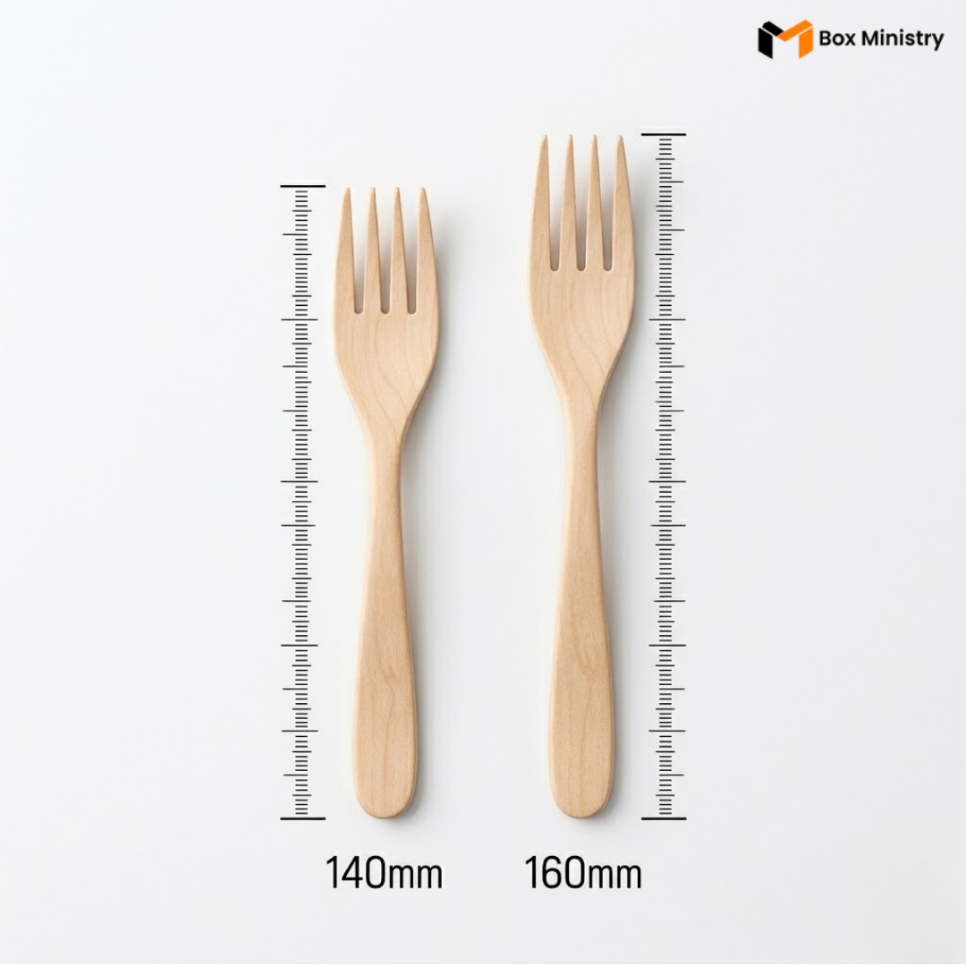 Two wooden forks with measurement markings on a white background, featuring the Box Ministry logo.