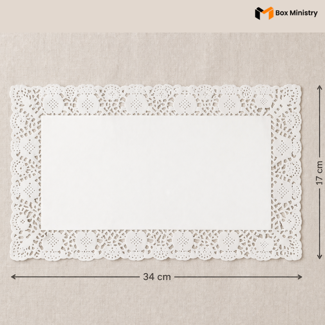 White lace doily with measurements on a beige background