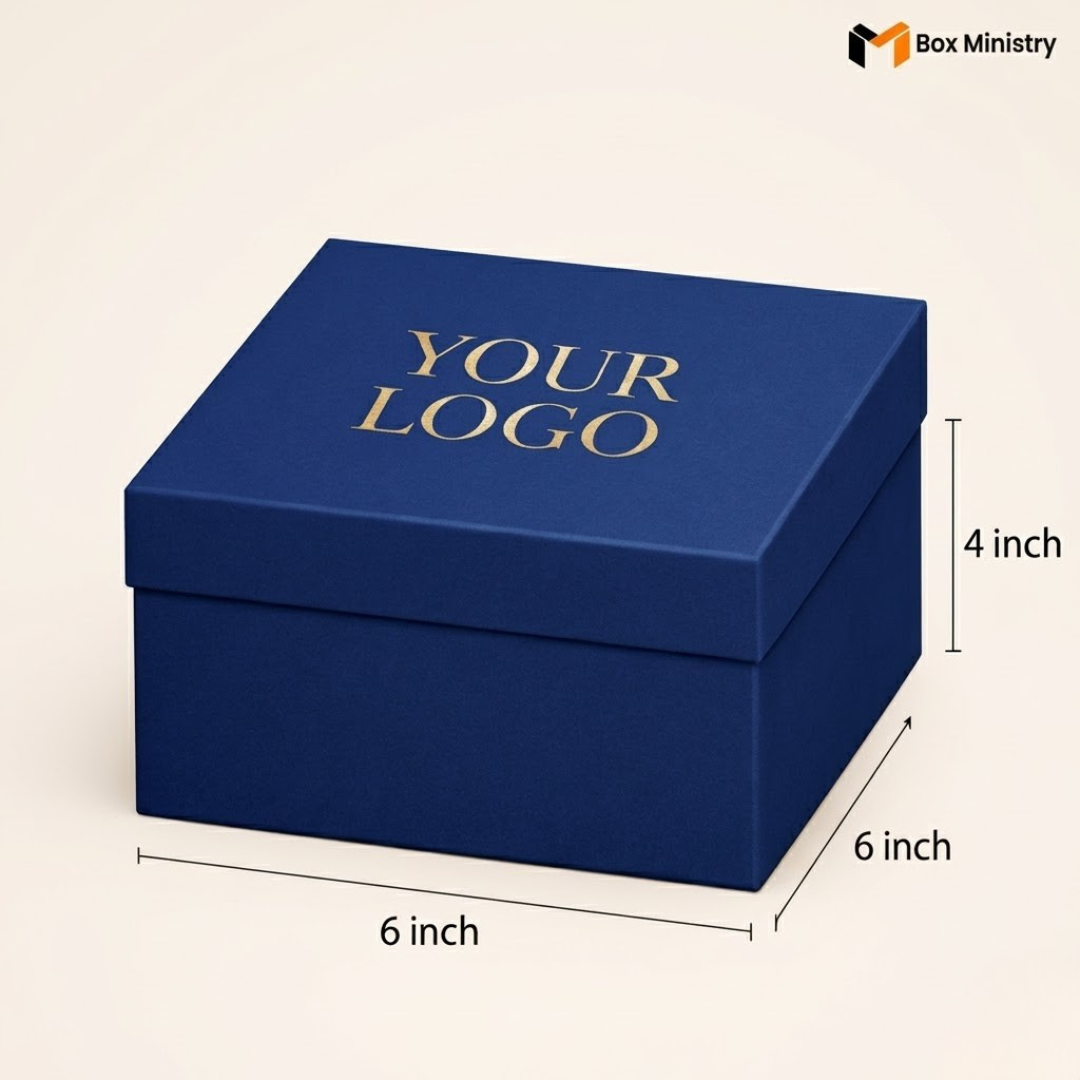 Blue box with 'YOUR LOGO' text on a beige background, dimensions indicated.