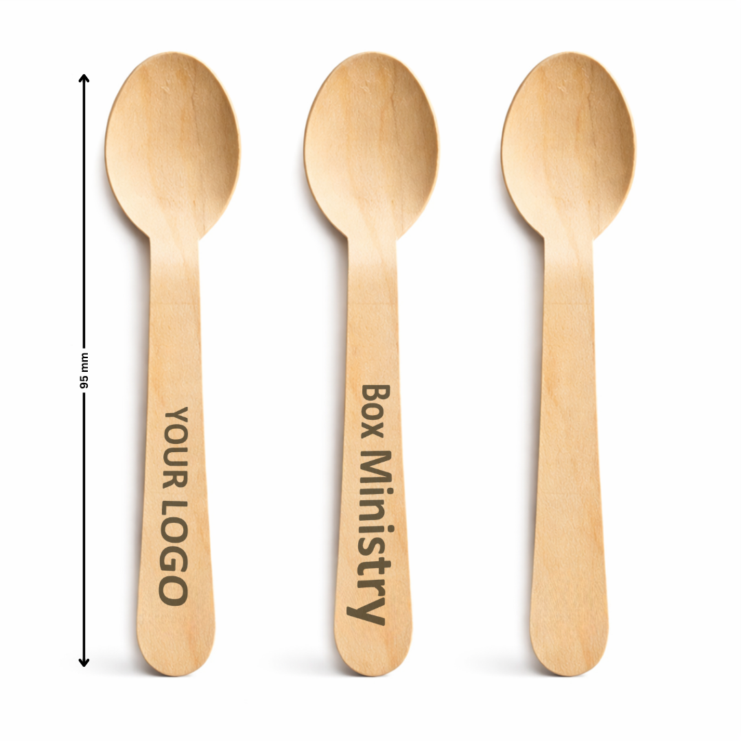 Three wooden spoons with 'Your Logo' and 'Box Ministry' text on a white background