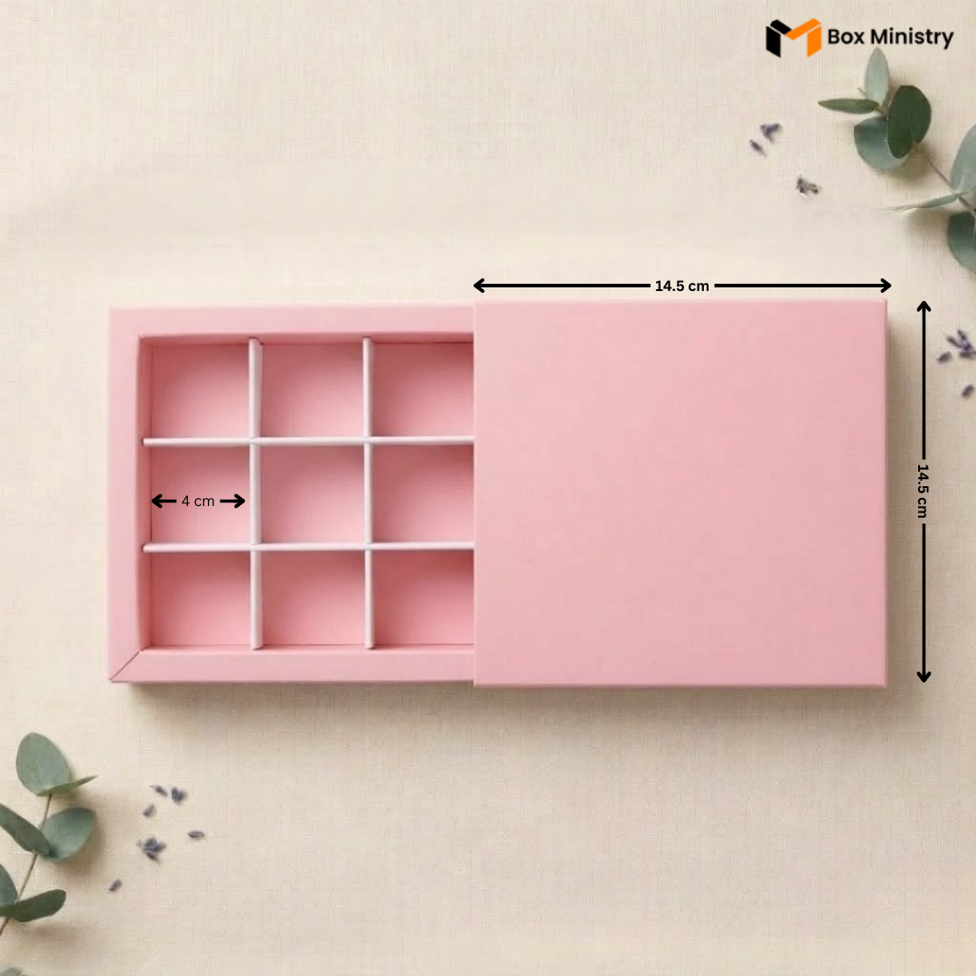 Pink jewelry box with compartments and dimensions on a light background