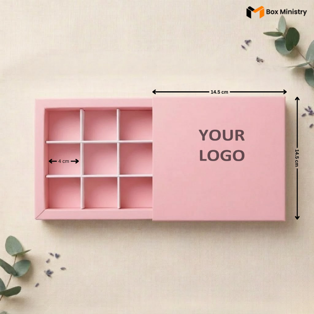 Pink jewelry box with dimensions and space for a logo on a light background