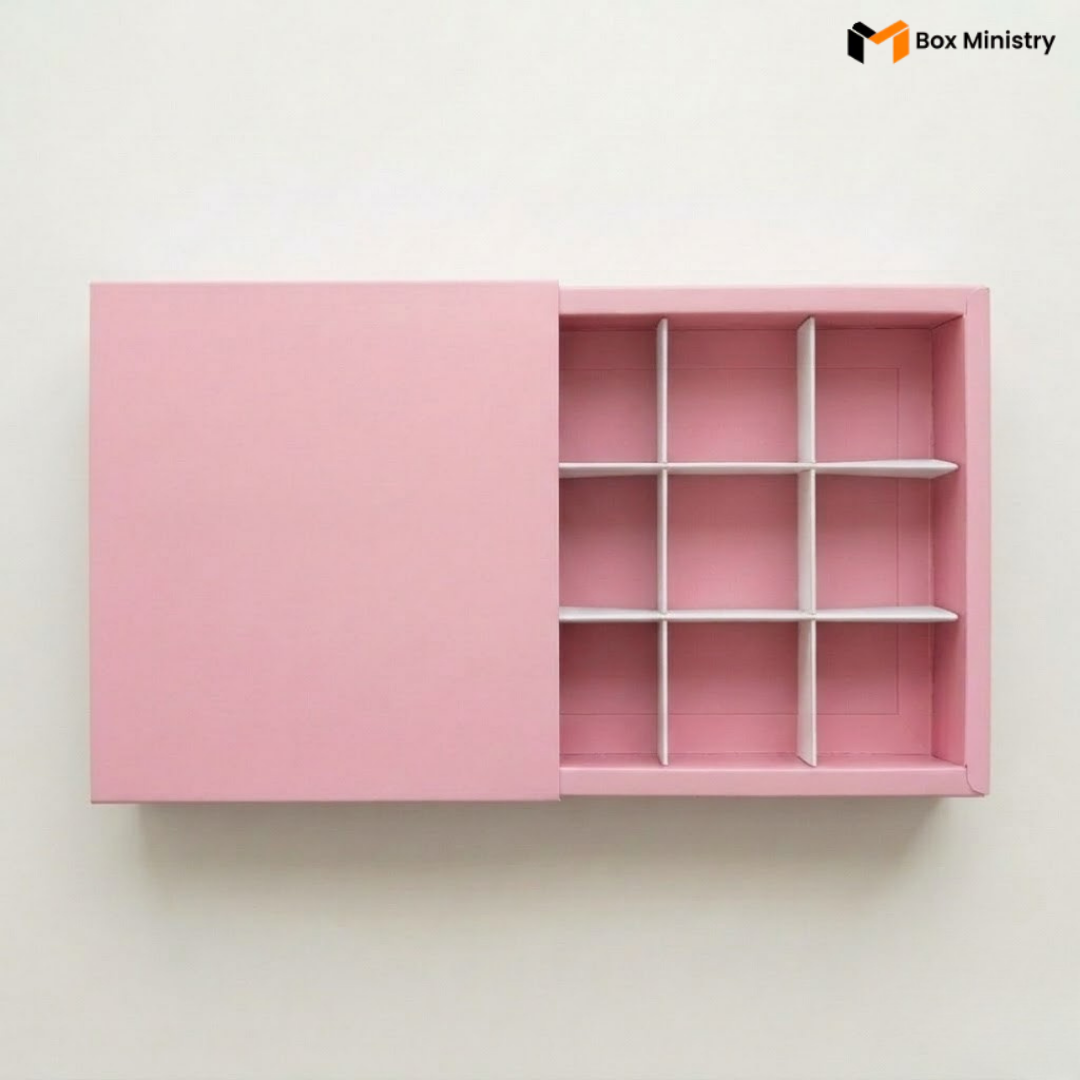 Pink box with a divided interior on a white background, featuring the 'Box Ministry' logo.