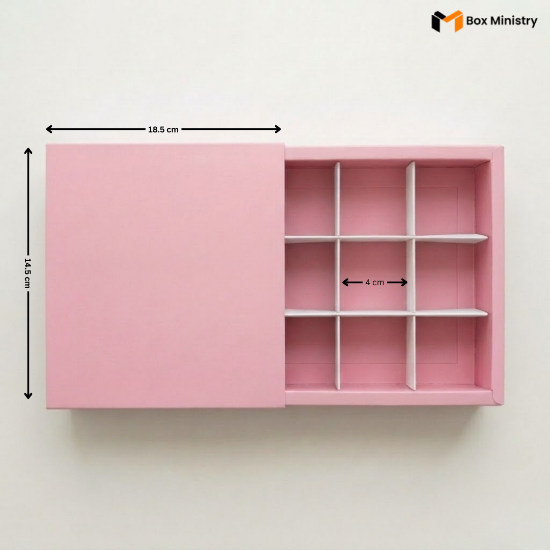 Pink storage box with dimensions indicated on a white background