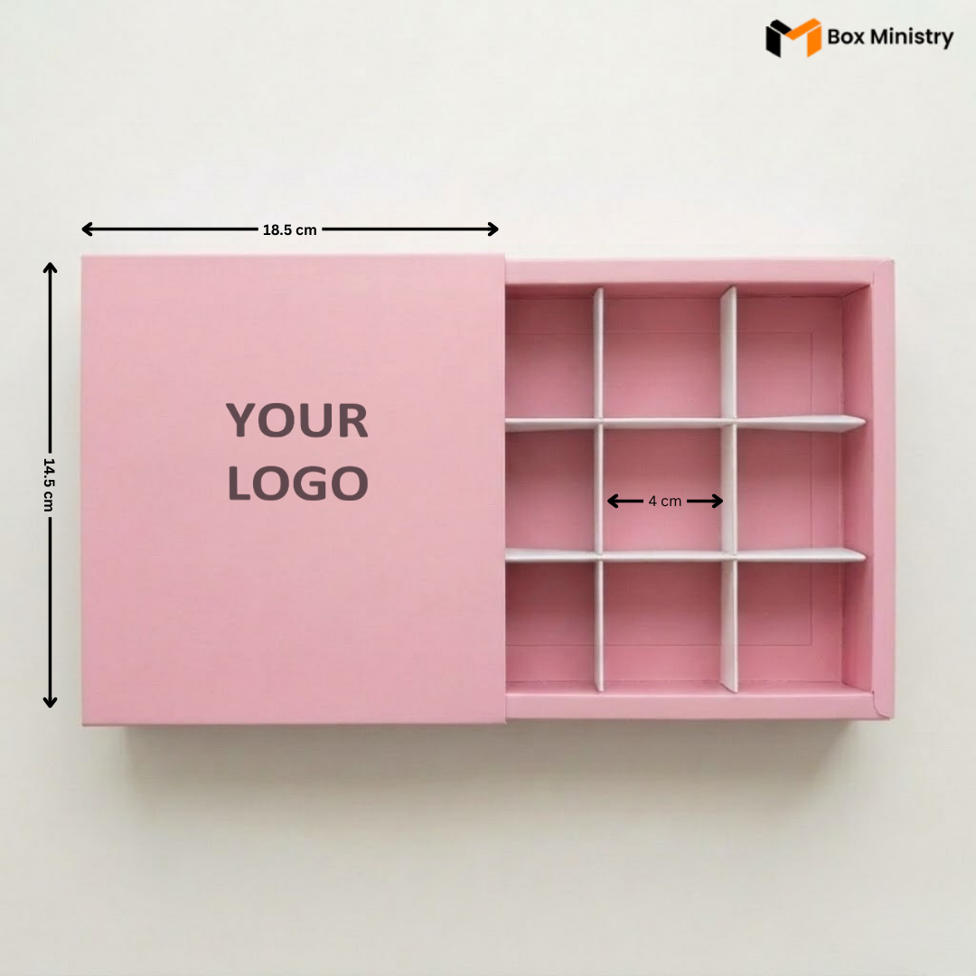 Pink box with compartments and dimensions labeled, featuring 'Box Ministry' logo.
