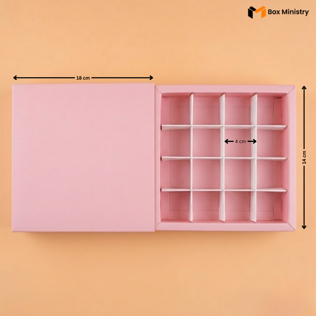 Pink jewelry box with compartments and measurements on a peach background
